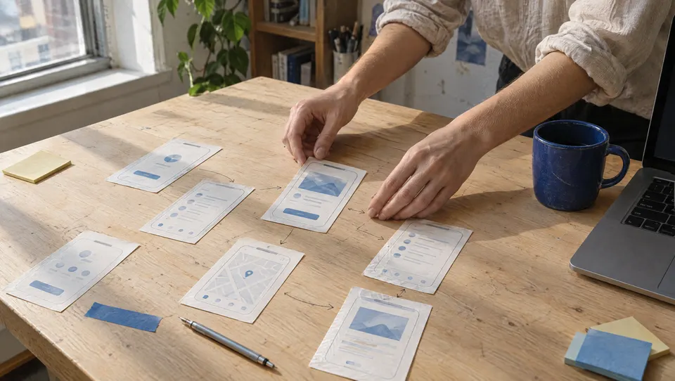 Hands arranging printed app screens into a user flow on an oak worktable, with a laptop and a cobalt mug.