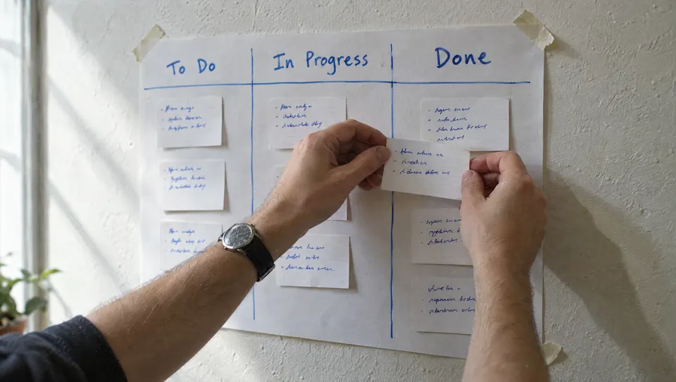 Hands move an index card into the done column of a paper kanban board.