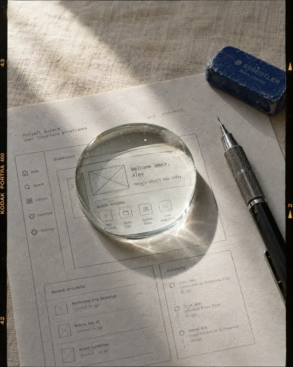 A small optical lens magnifies part of a printed wireframe beside a pencil and a cobalt eraser.