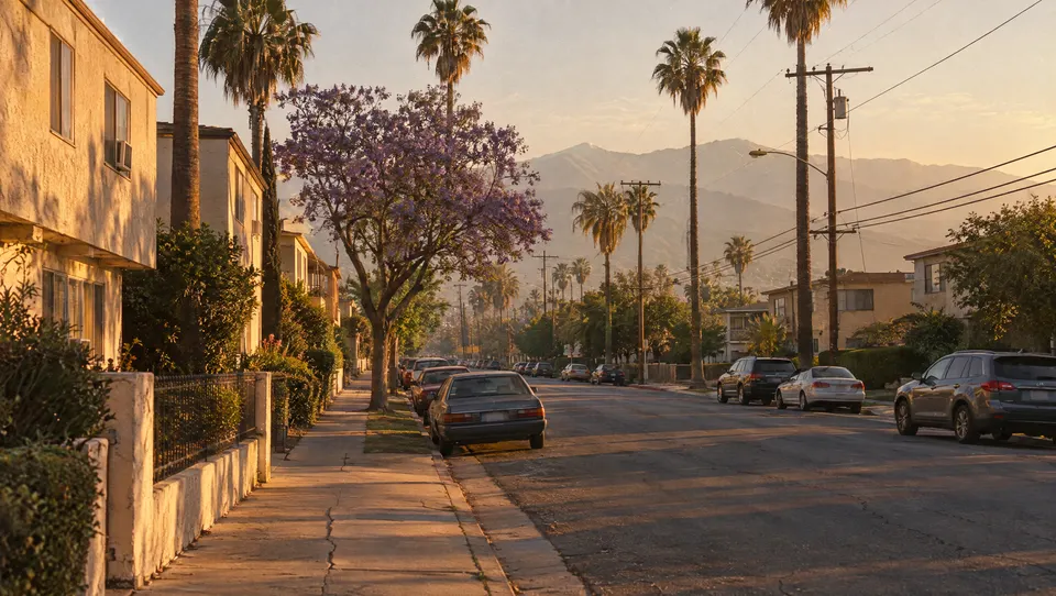 A quiet North Hollywood street at golden hour with fan palms and low stucco buildings.