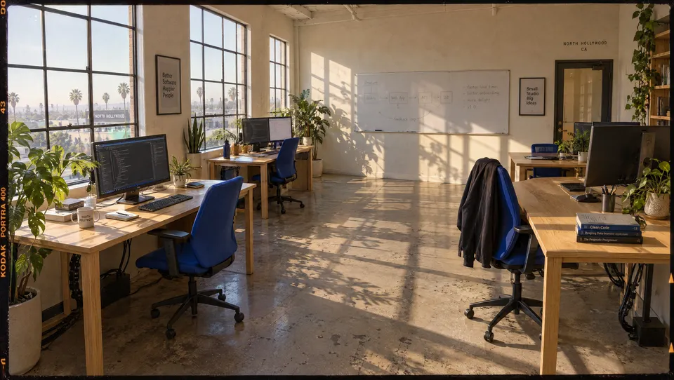 The INSIGHTA studio in early morning light, with oak desks, cobalt chairs and leaf shadows on the floor.