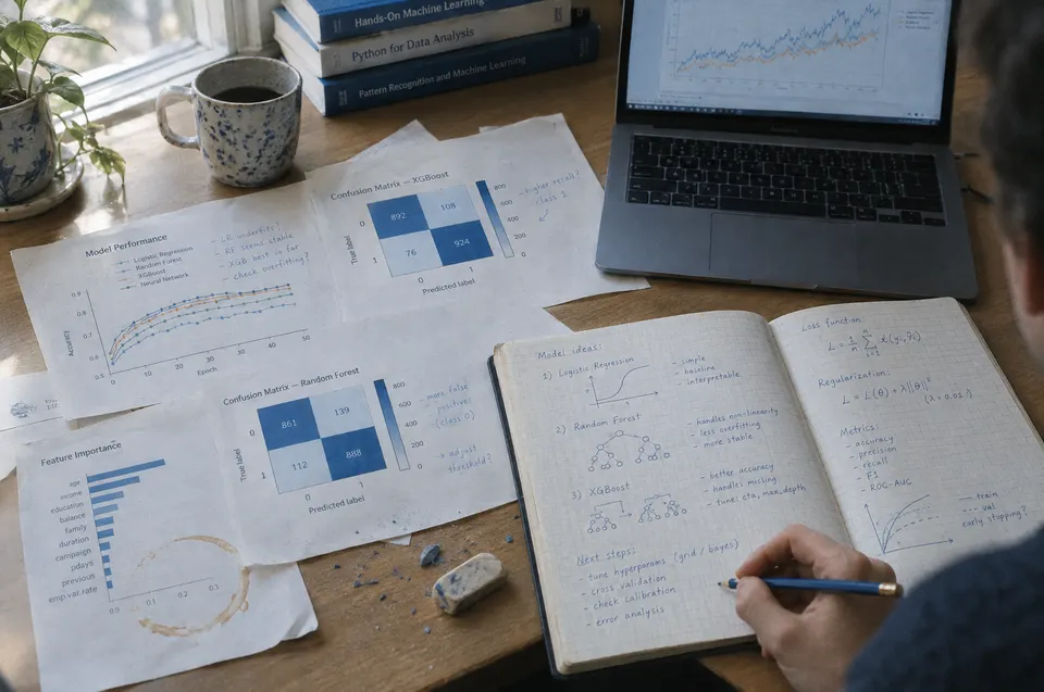 A data scientist’s desk with printed charts, handwritten notes and a laptop showing a line chart.