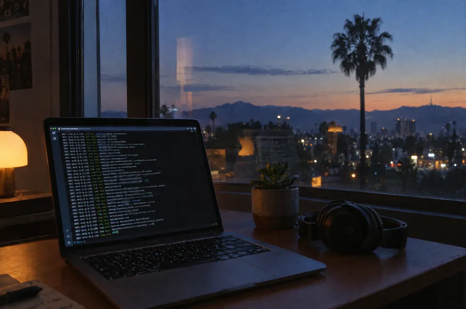 A laptop shows deployment logs by a window at dusk with a palm tree silhouetted outside.