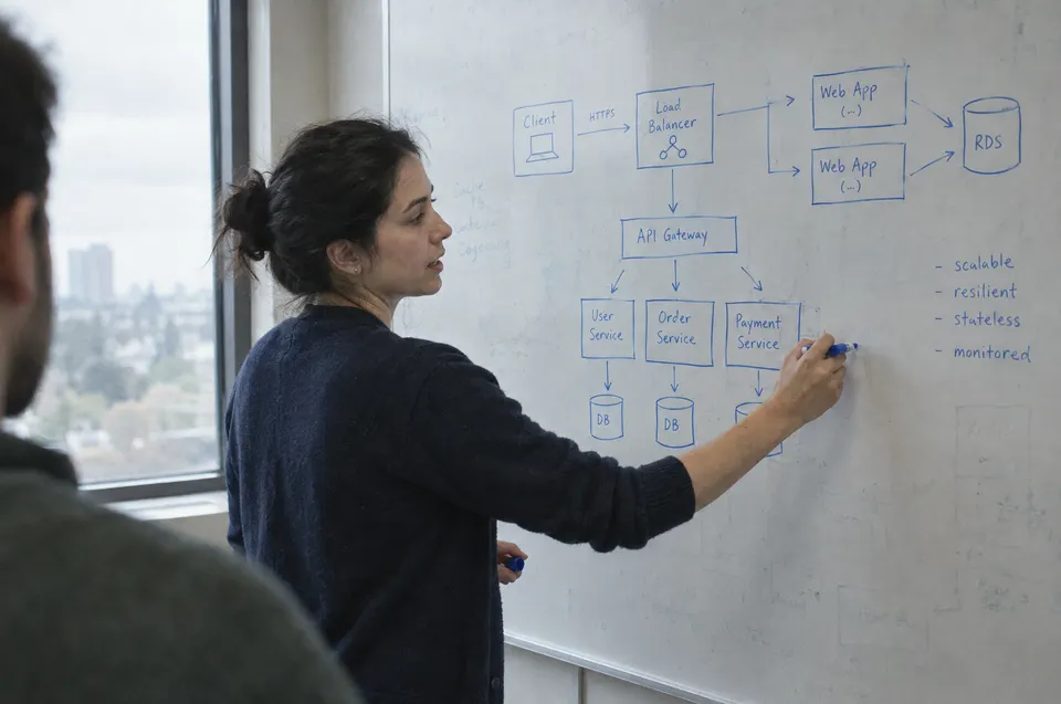 A software engineer sketches a system architecture diagram on a whiteboard with a blue marker.