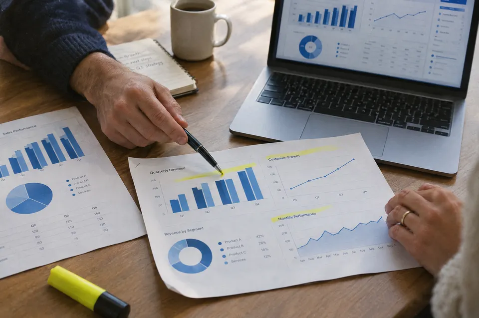Printed business dashboards with highlighted charts on a meeting table beside a laptop.