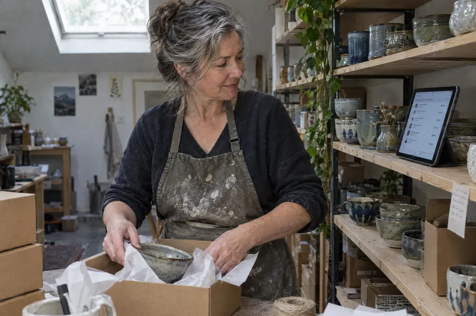 A ceramics shop owner packs an order while checking online orders on a tablet.