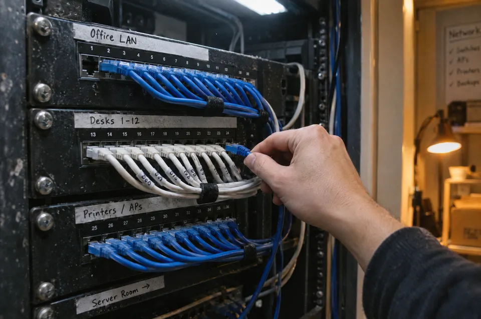 A hand plugs a cable into a labeled network patch panel.