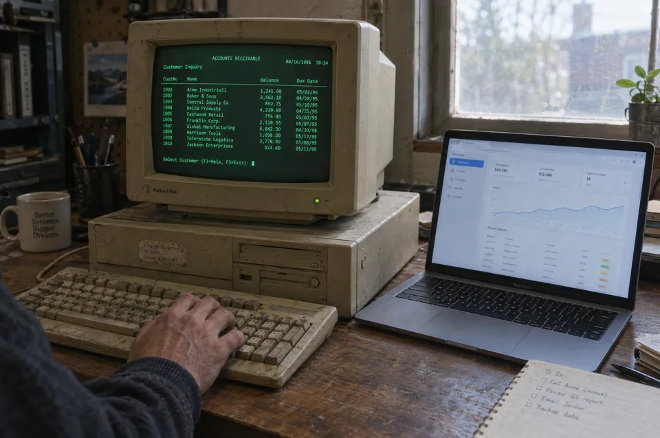 An old beige computer with a green-text accounting screen sits beside a modern laptop on a workbench.