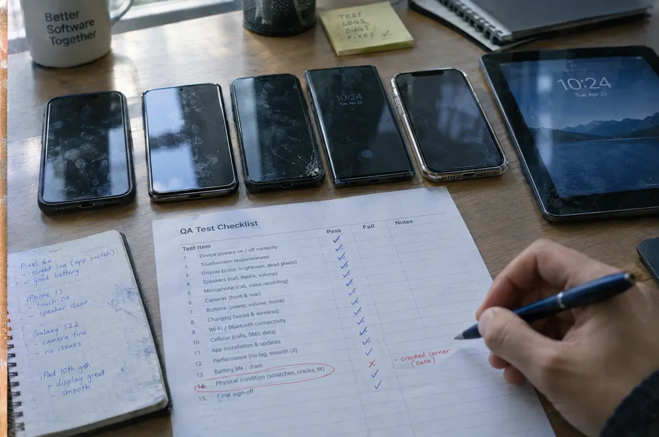 A tester’s desk with a row of phones and a printed checklist with blue checkmarks.