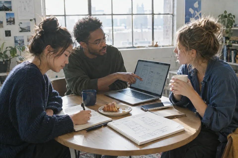 Three founders discuss a product around a small table with a laptop and hand-drawn sketches.
