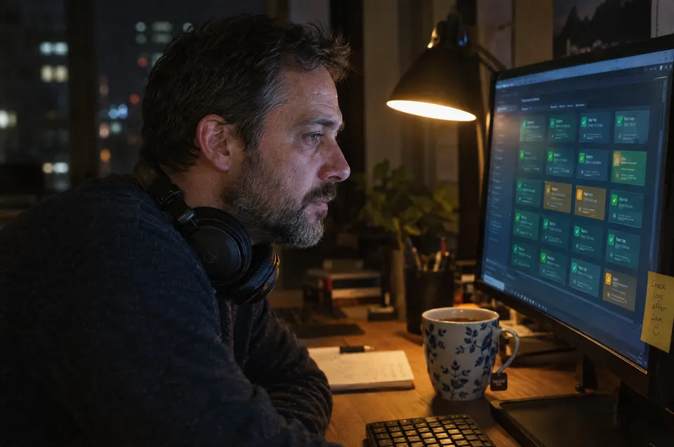 A support engineer with headphones around his neck watches a monitoring dashboard late at night.