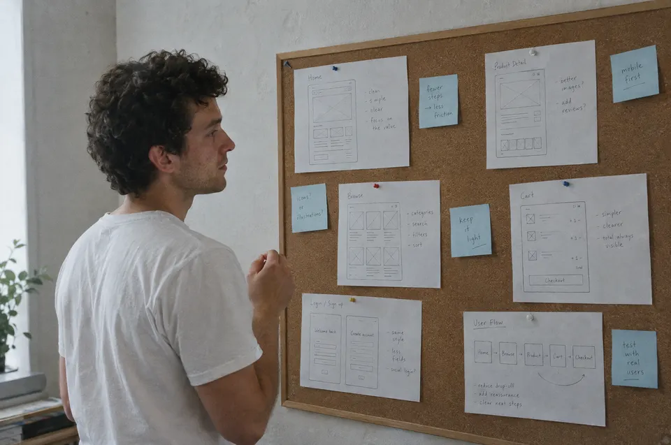 A product designer pins paper wireframes and sticky notes onto a cork wall.