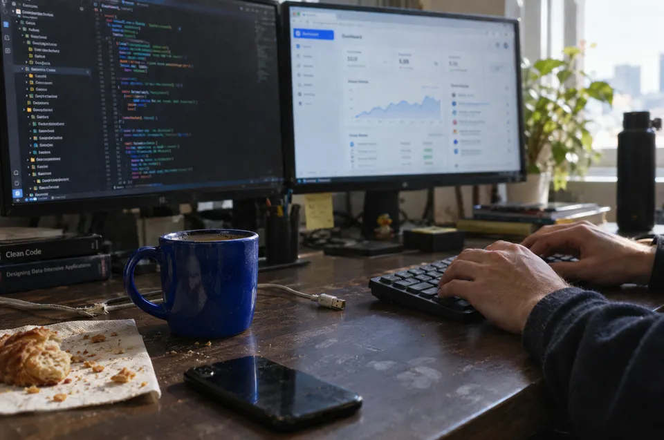 A developer works at two monitors showing code and a web dashboard, with a cobalt mug beside the keyboard.